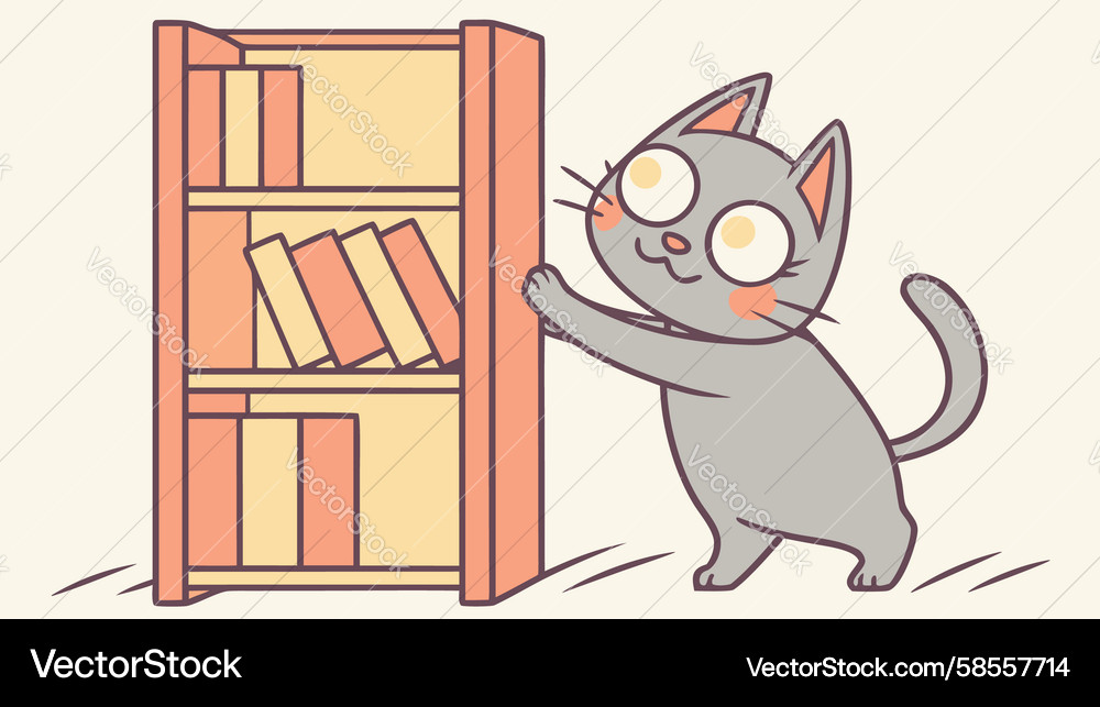 Grey Cat Exploring Bookshelf Vector Image
