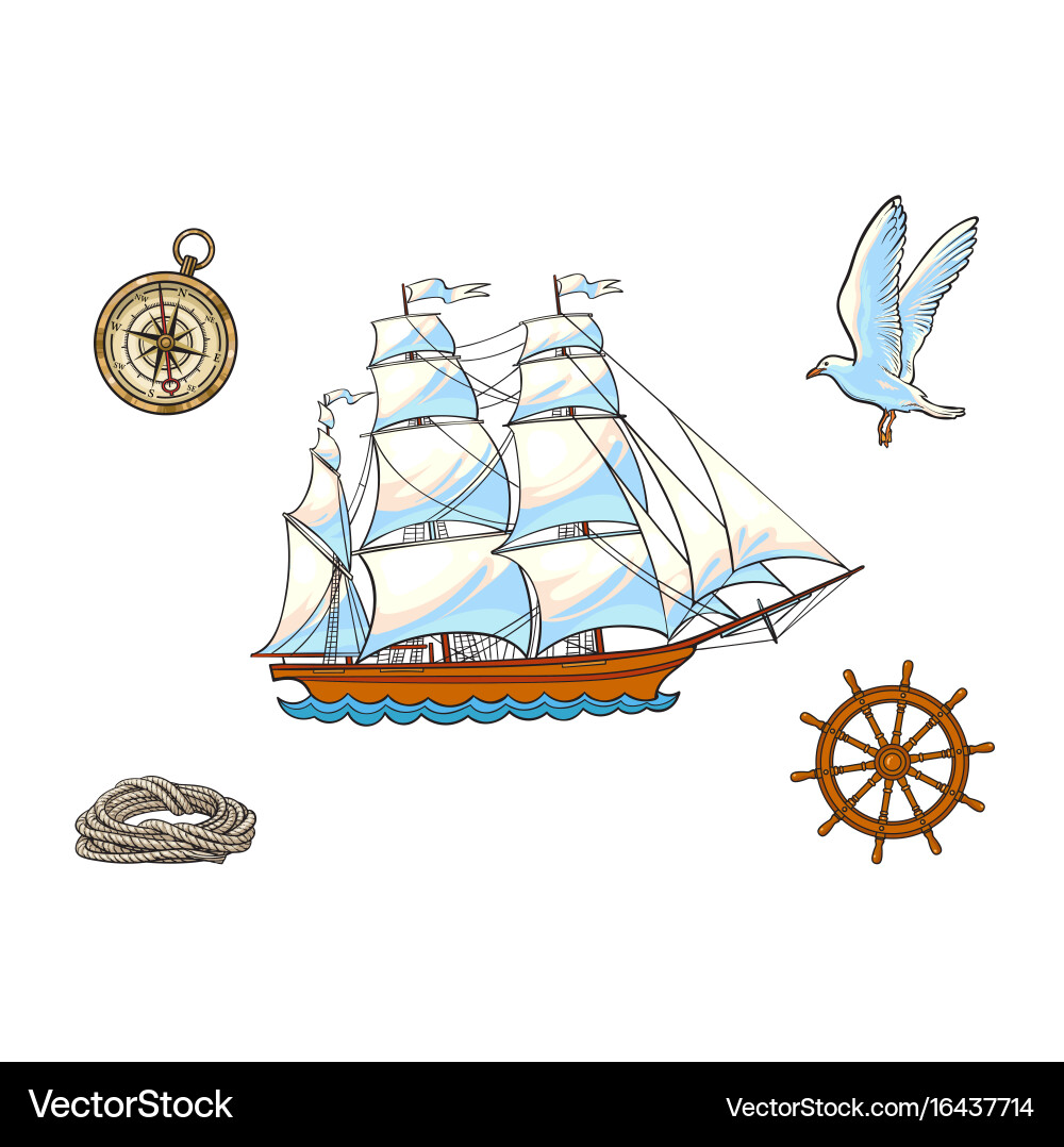 Nautical Ship and Seagull Set Vector Image