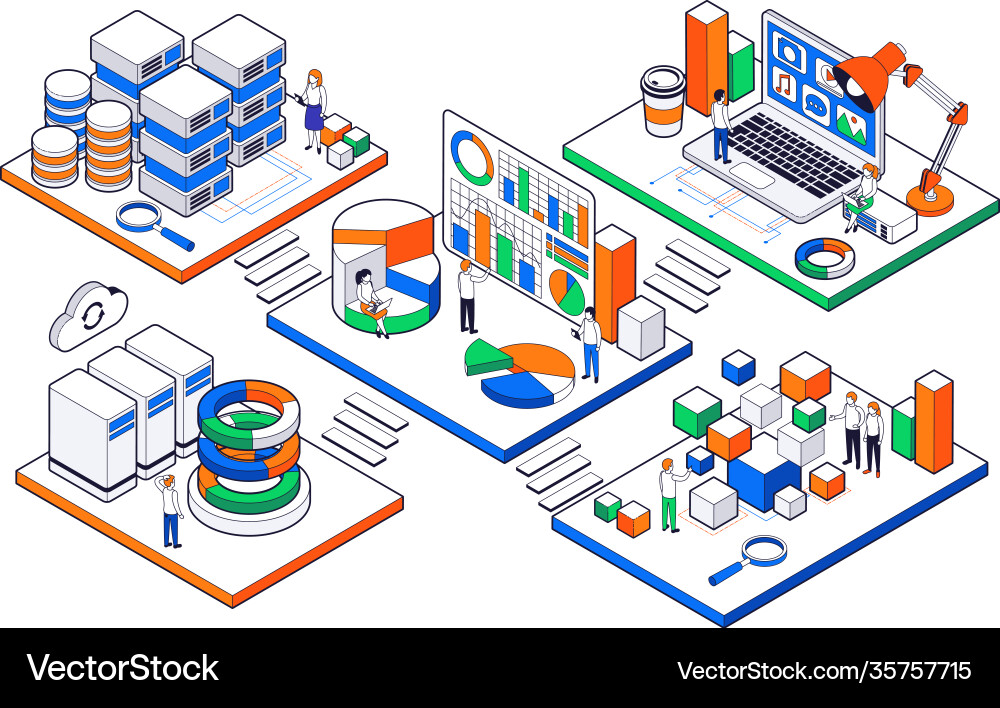 Big data science analysis isometric set Big data science analysis isometric set vector image