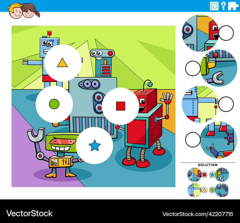Match pieces task with cartoon robot characters Match pieces task with cartoon robot characters vector image