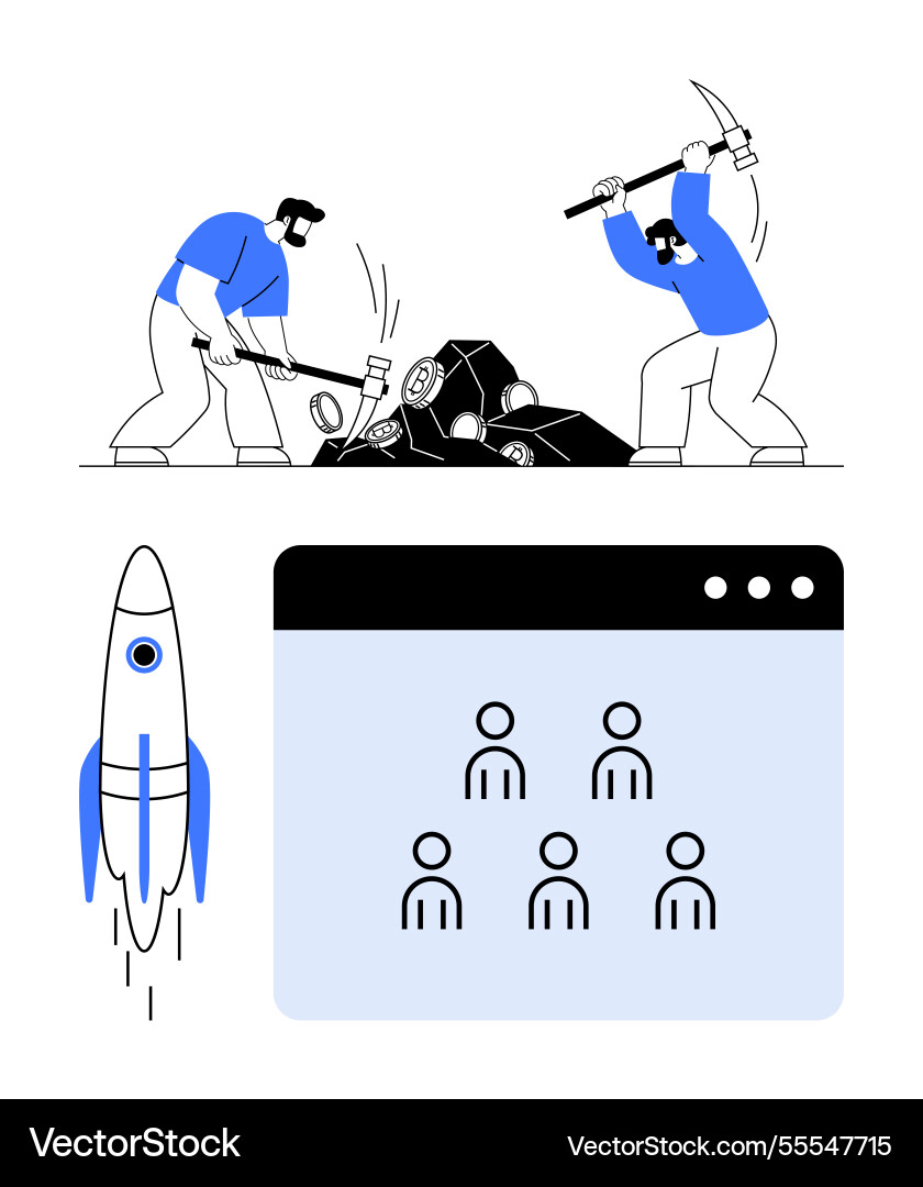 Workers mining cryptocurrency while rocket Workers mining cryptocurrency while rocket vector image
