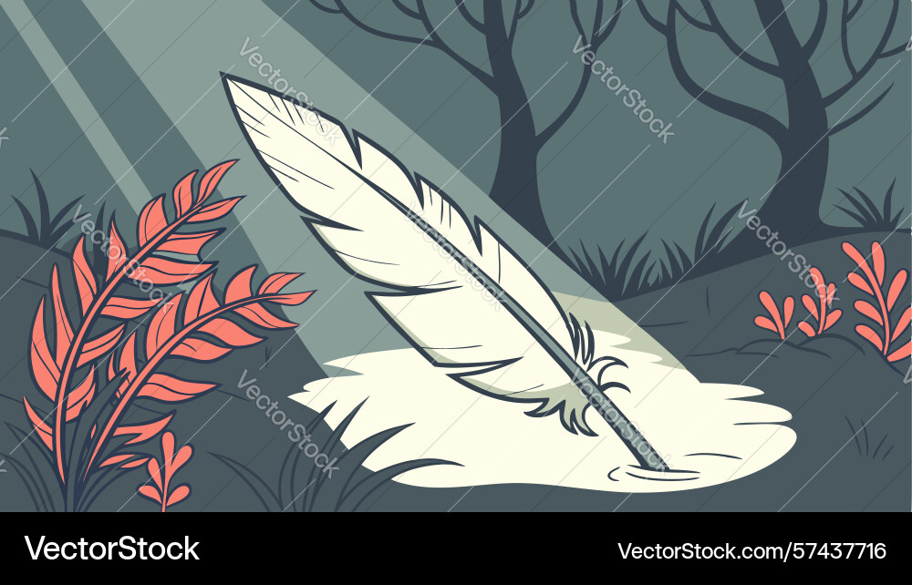 Feather quill pen on open book in forest setting vector image