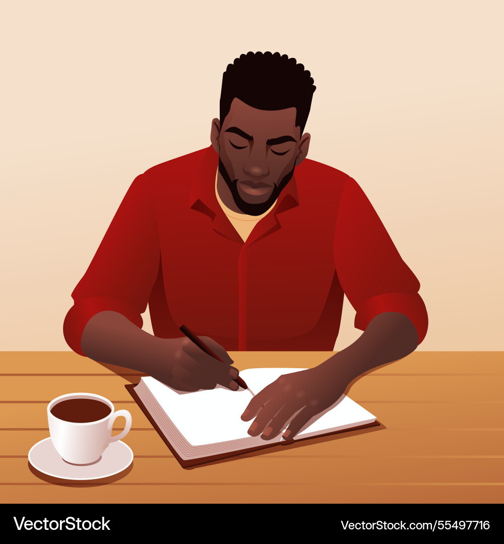 Focused man writing in notebook with pen while vector image