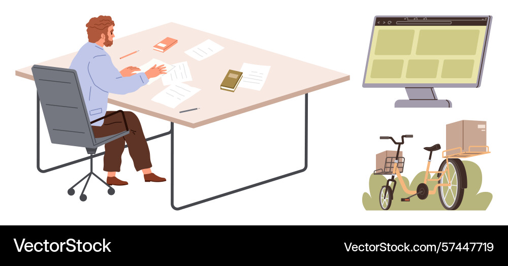 Worker at desk analyzing documents with computer Worker at desk analyzing documents with computer vector image