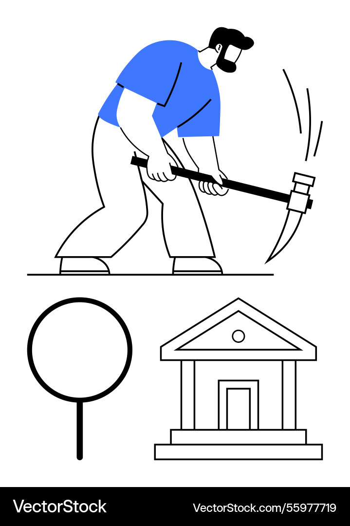 Worker mining with pickaxe near search symbol Worker mining with pickaxe near search symbol vector image