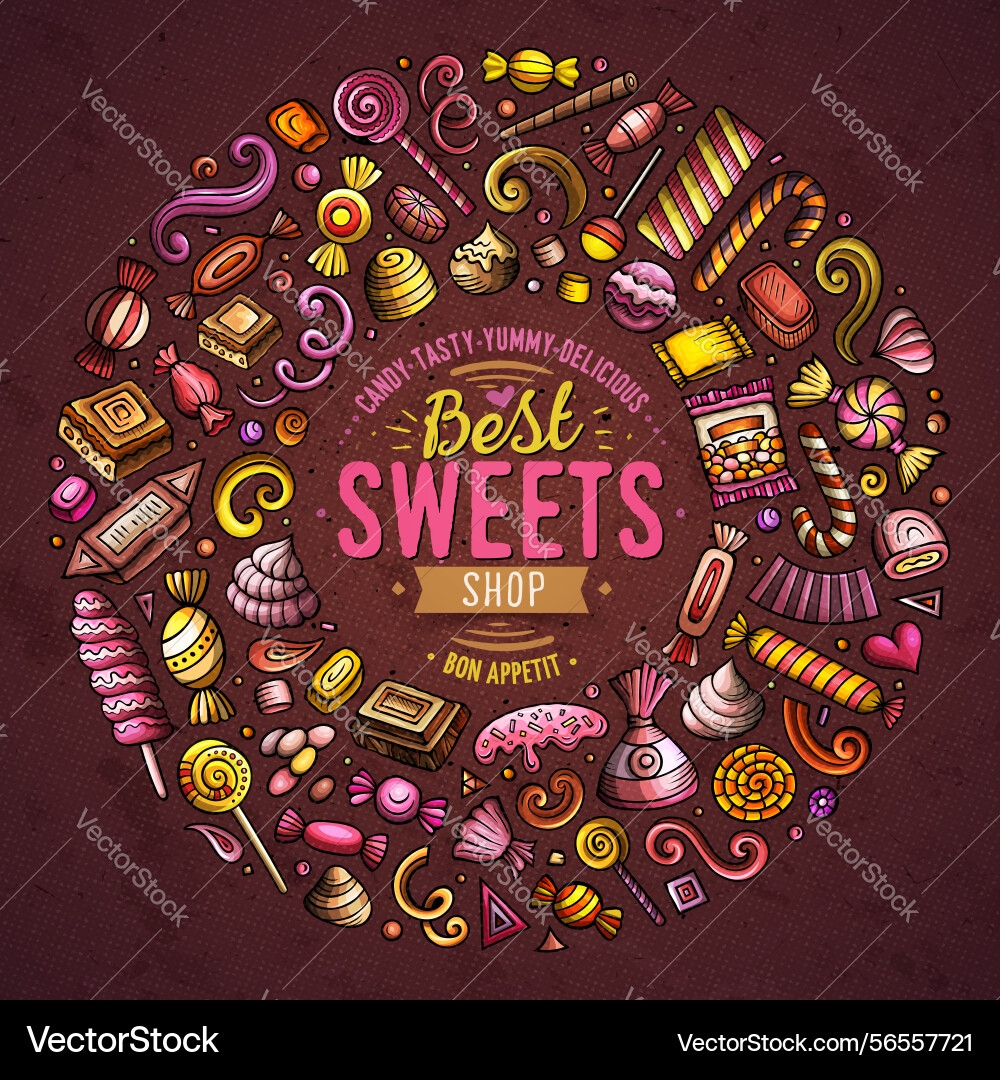 Set of candies cartoon doodle objects round frame Set of candies cartoon doodle objects round frame vector image
