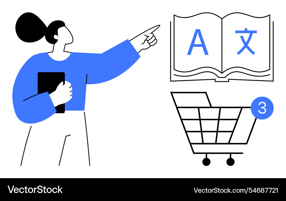 Woman pointing at book with multilingual symbols Vector Image