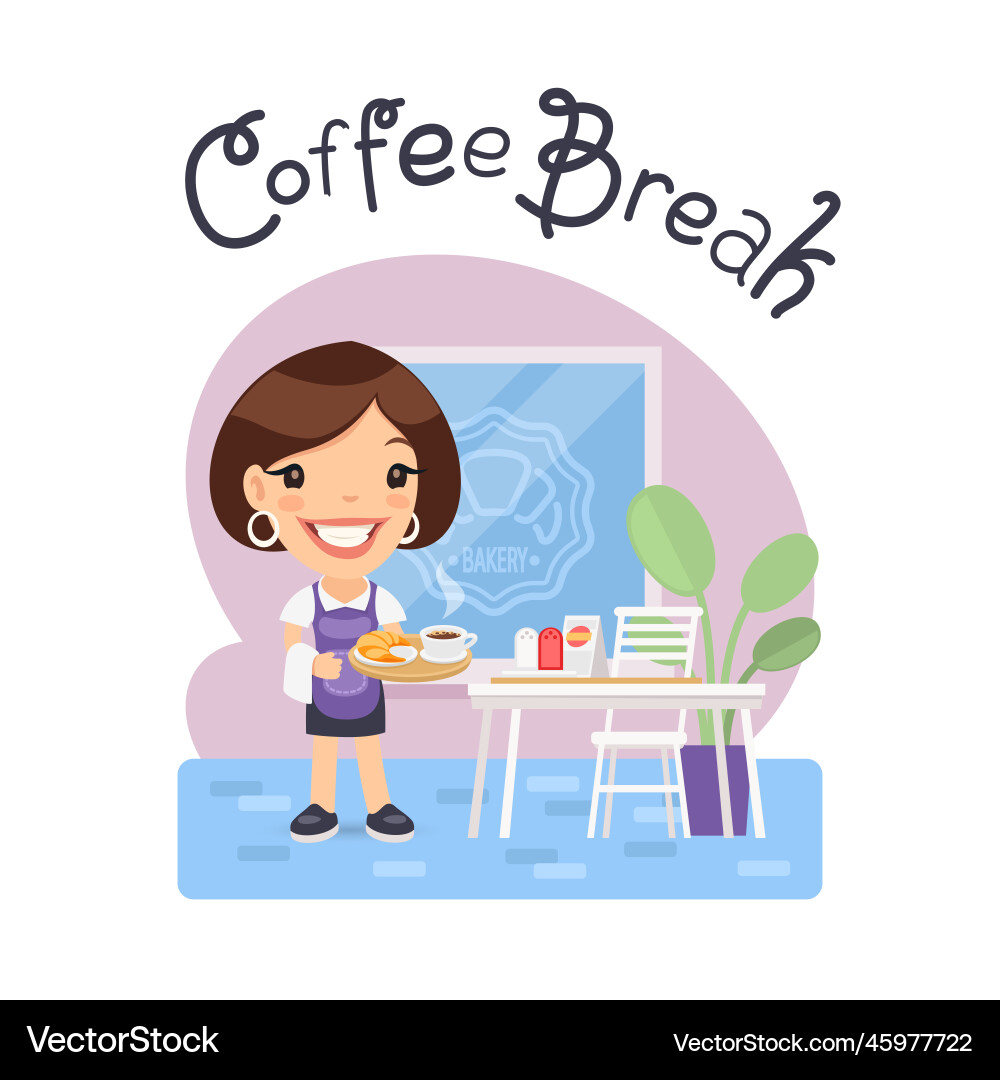 Coffee break lettering with cartoon waitress Coffee break lettering with cartoon waitress vector image