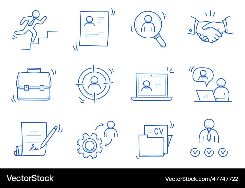 Doodle line icon set work business job search Doodle line icon set work business job search vector image