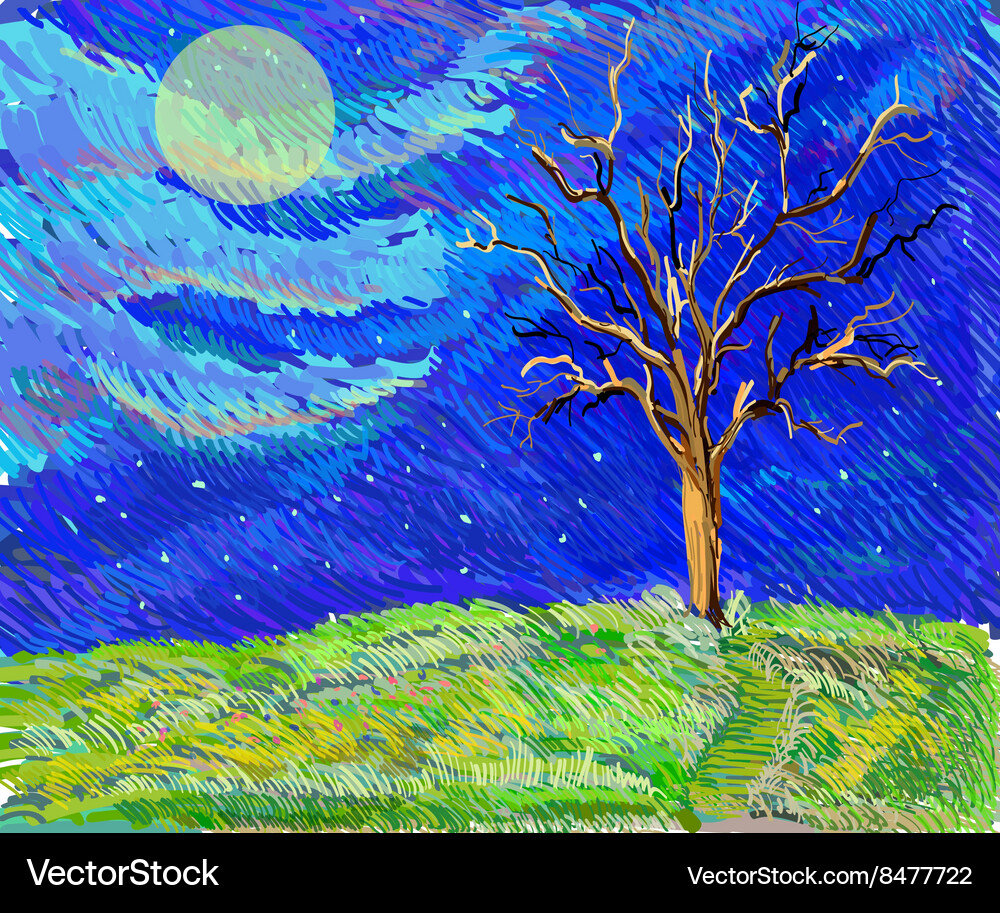 Tree in a field the moolight sketch landscape Vector Image