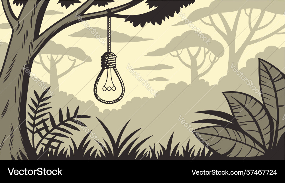 Lightbulb hanging from tree in mystical forest vector image