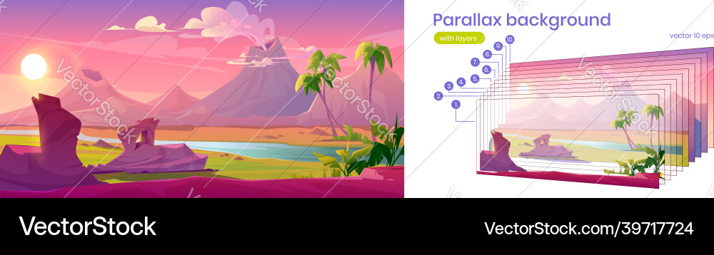 Parallax background with landscape volcano Parallax background with landscape volcano vector image