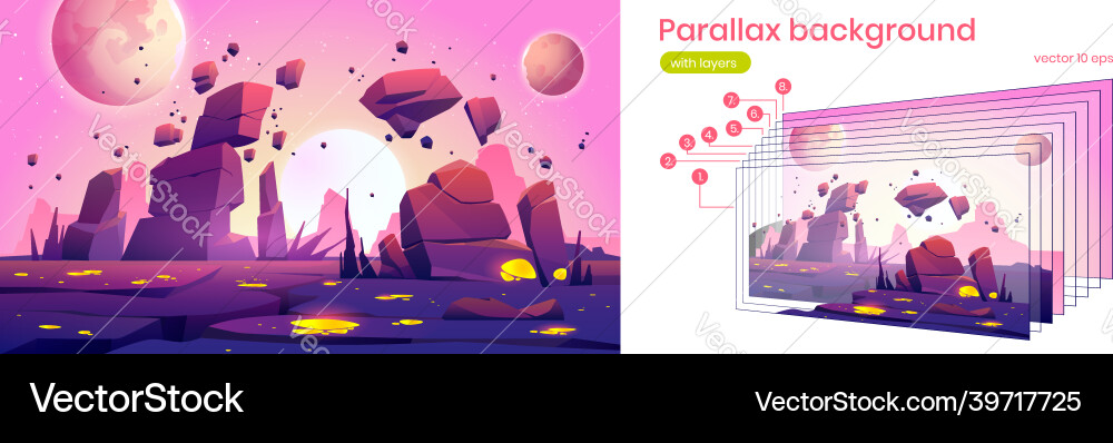 Parallax background with alien planet landscape Vector Image
