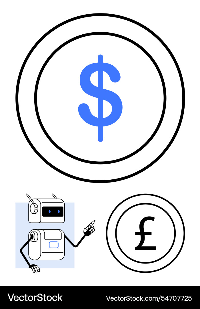 Robot pointing at currency symbols depicted Robot pointing at currency symbols depicted vector image