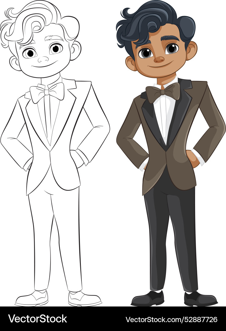 Character in tuxedo colored and outlined versions Character in tuxedo colored and outlined versions vector image