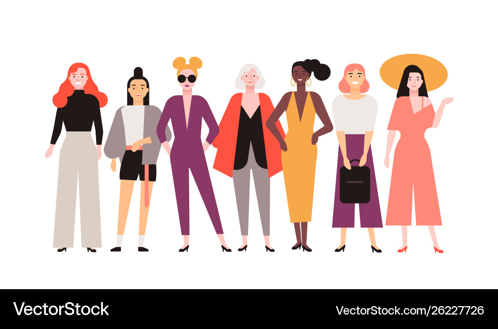 Group adorable women dressed in trendy clothes Group adorable women dressed in trendy clothes vector image