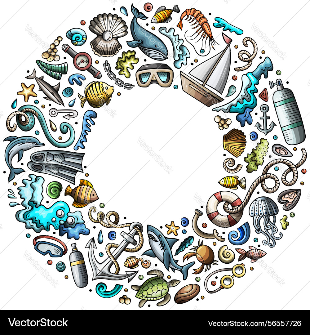 Set of diving cartoon doodle objects round frame Set of diving cartoon doodle objects round frame vector image