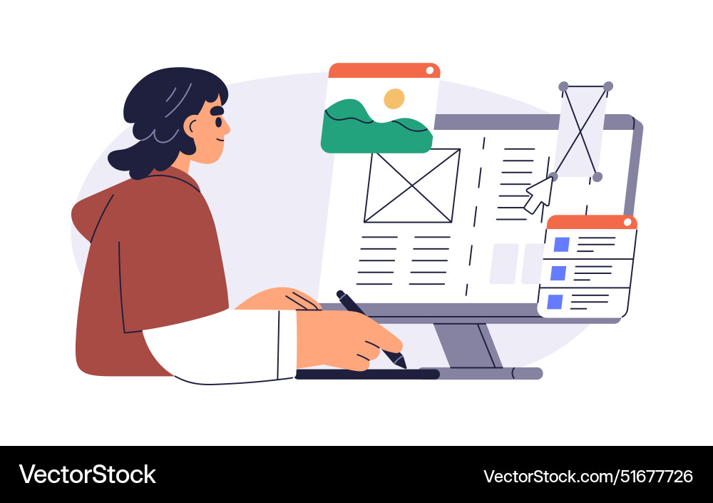Web designer creating site layout developing user Web designer creating site layout developing user Vector Image