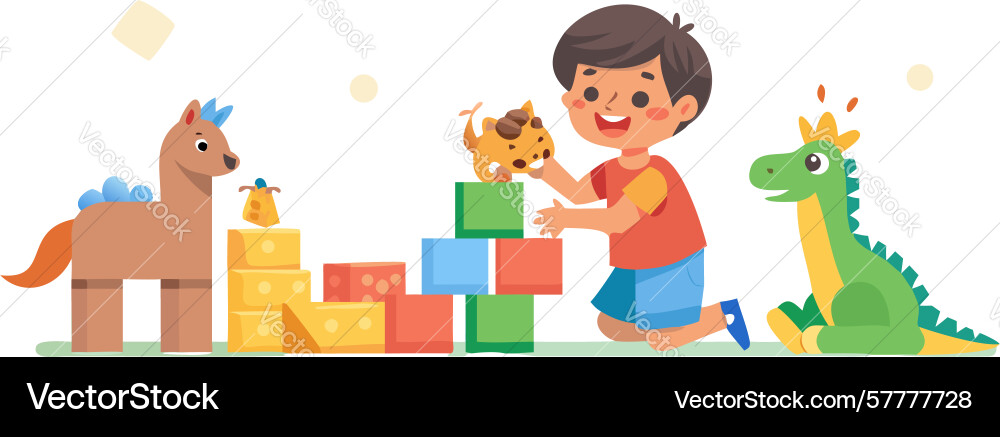Child building blocks with dinosaur imaginative Vector Image