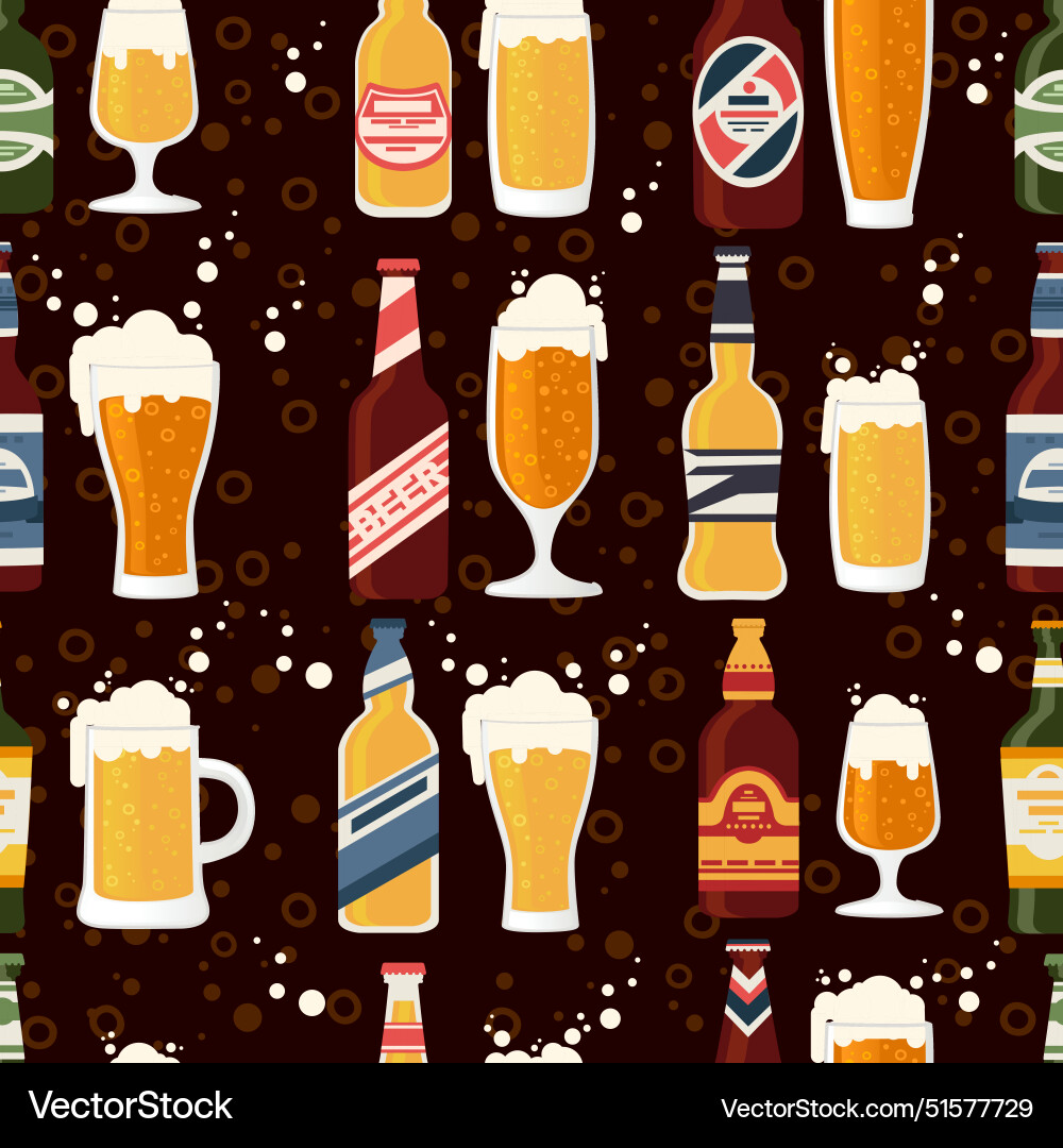 Seamless pattern beer bottles with label vector image