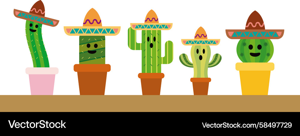 Smiling Cactus Row with Sombreros Vector Image