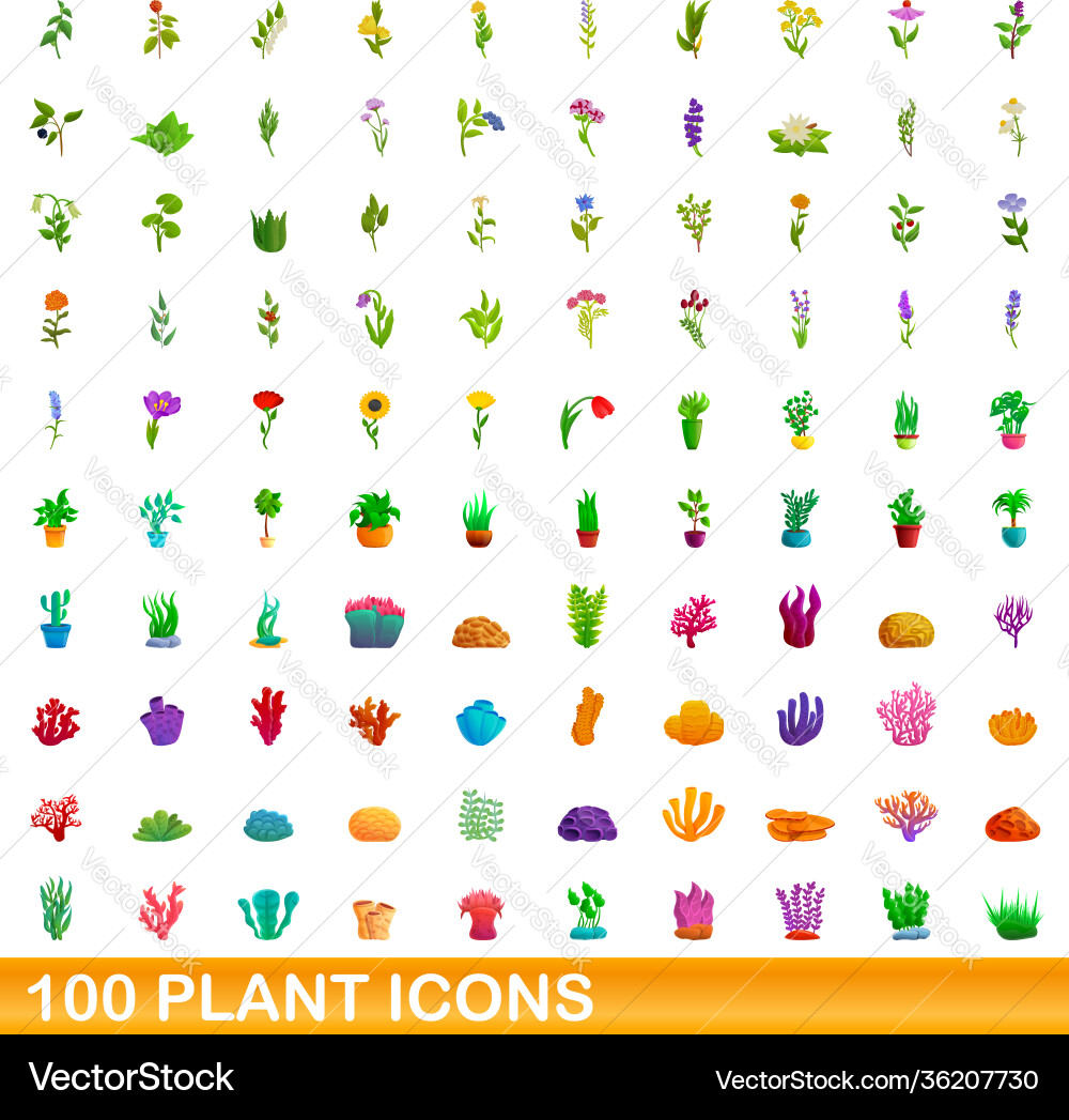 100 plant icons set cartoon style 100 plant icons set cartoon style Vector Image