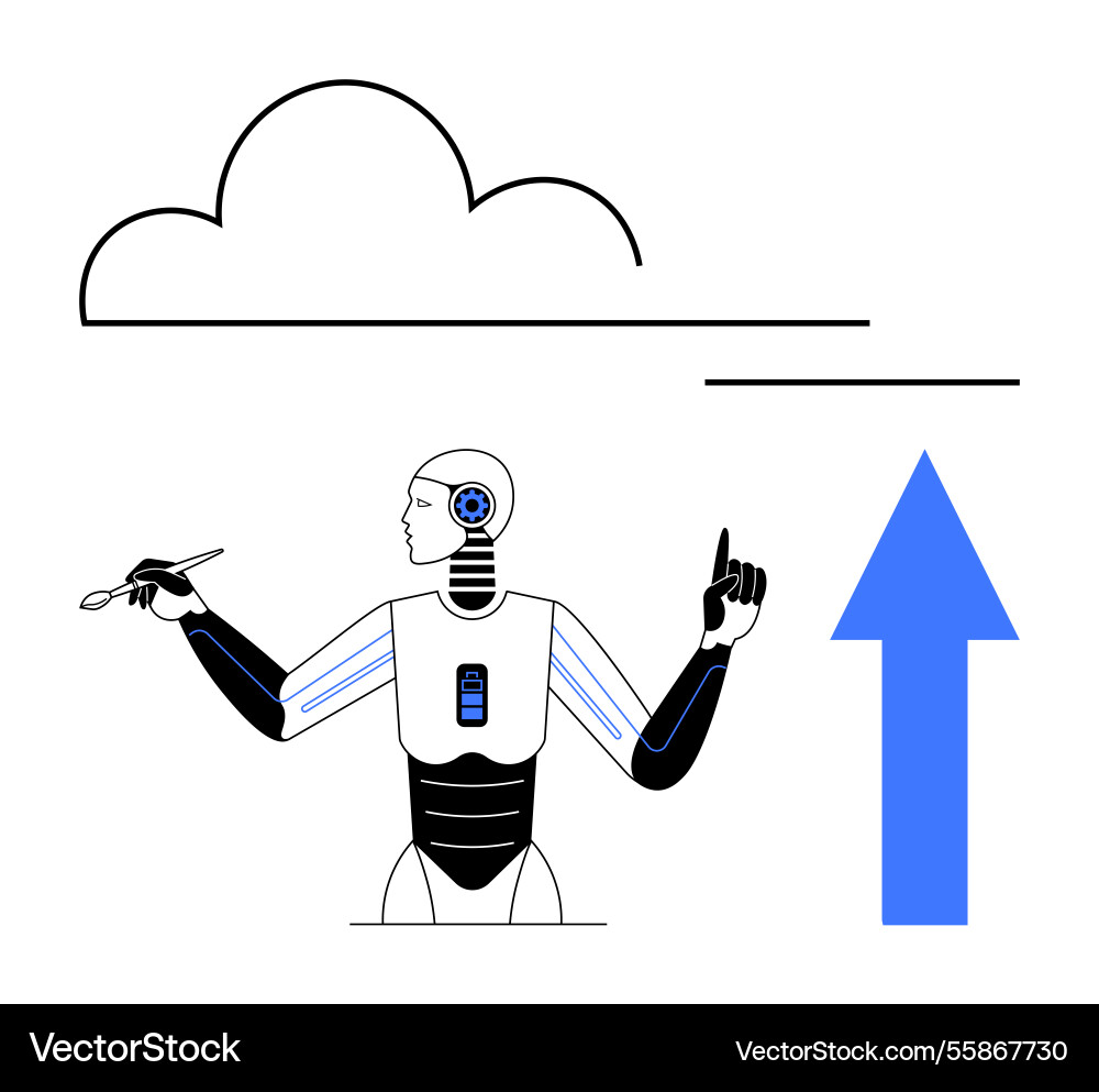 Robot working with cloud interface and upward Robot working with cloud interface and upward vector image