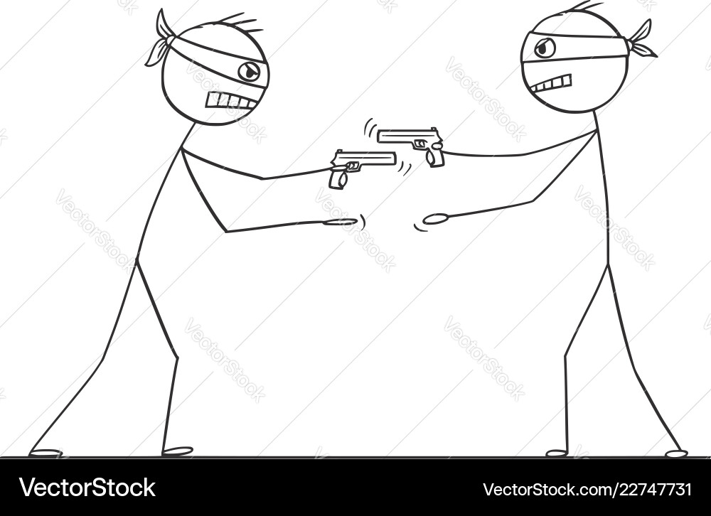 Cartoon of two men with gun trying to rob each Cartoon of two men with gun trying to rob each vector image