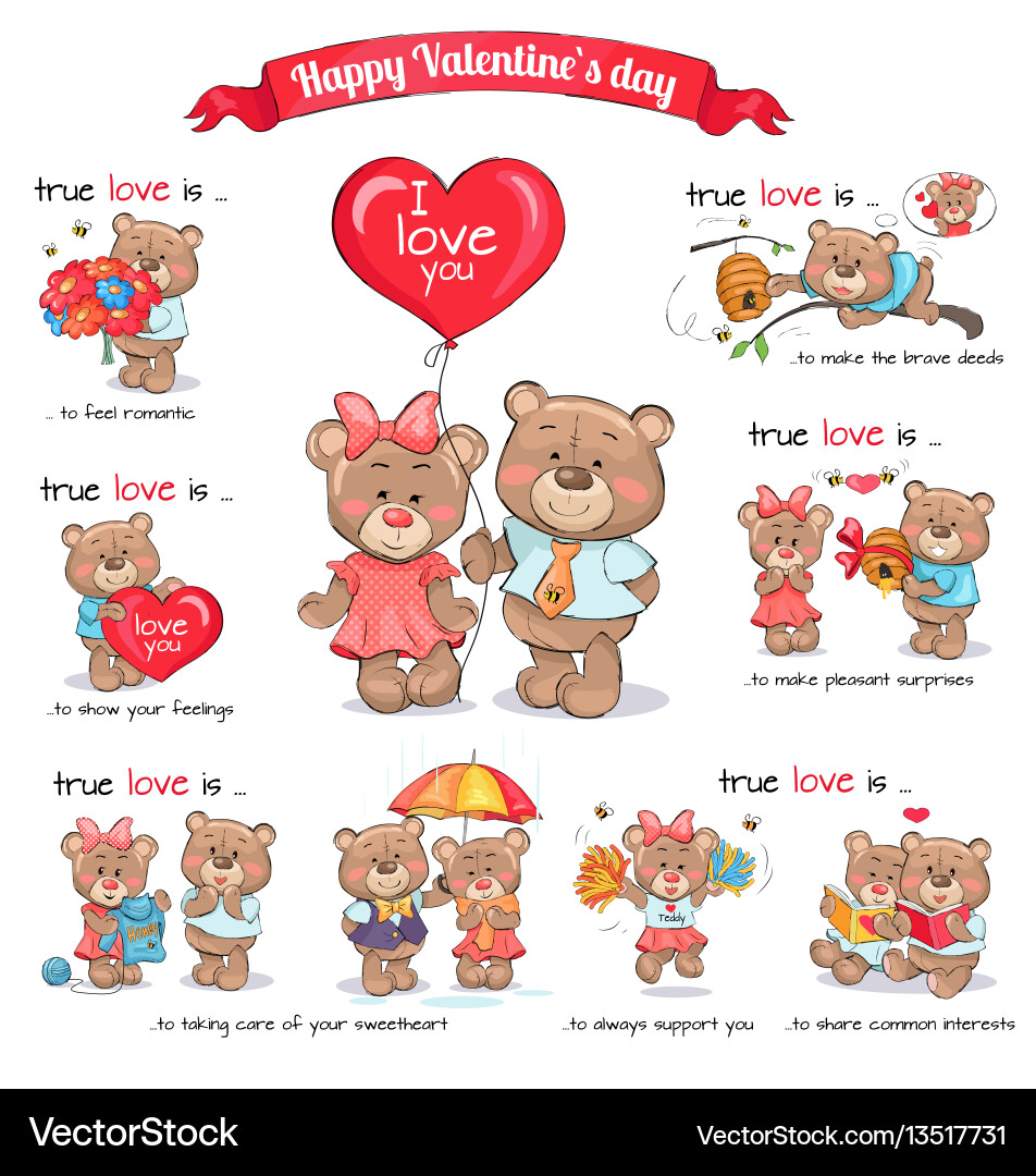 Two teddy bears celebrate happy valentine s day Two teddy bears celebrate happy valentine s day vector image