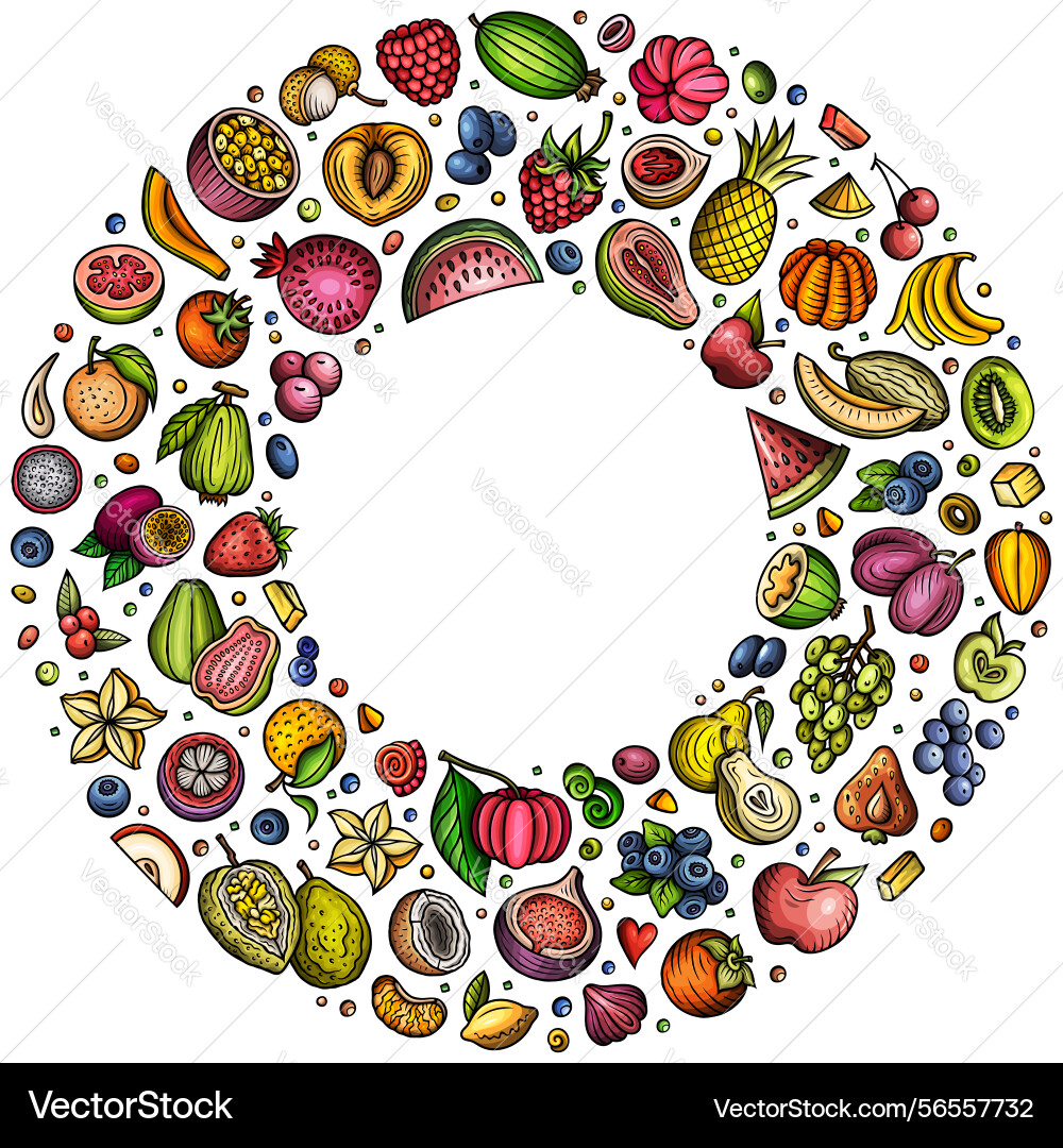 Set of fruits cartoon doodle objects round frame Set of fruits cartoon doodle objects round frame vector image