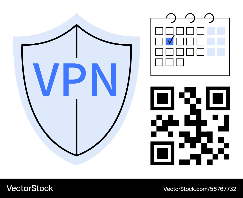 Vpn shield with calendar and qr code highlighting Vpn shield with calendar and qr code highlighting vector image