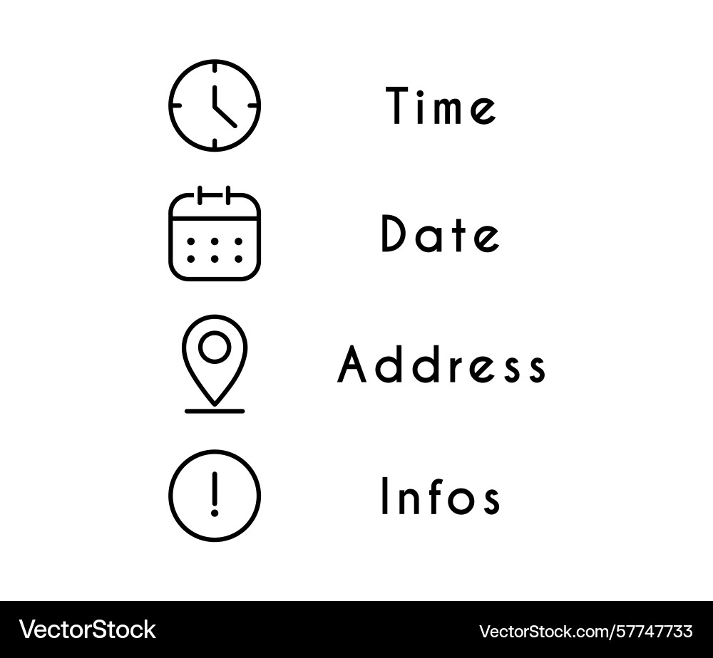 Time date location address infos icon set Time date location address infos icon set Vector Image