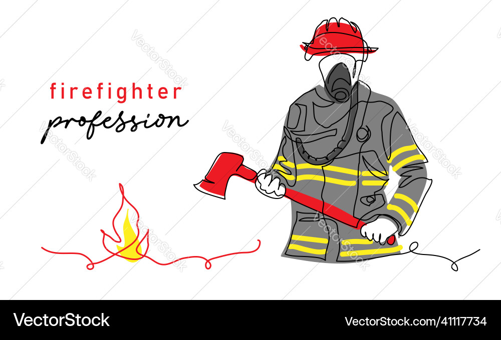 Firefighter with ax in red helmet and uniform one Firefighter with ax in red helmet and uniform one vector image