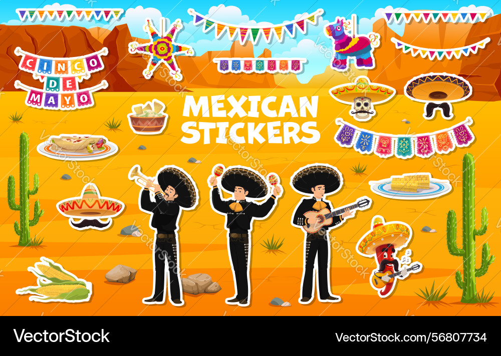 Mexican mariachi musicians cinco de mayo stickers Mexican mariachi musicians cinco de mayo stickers Vector Image