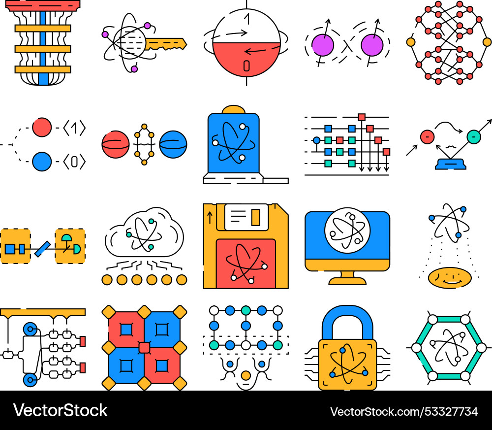 Quantum technology data network icons set Quantum technology data network icons set vector image