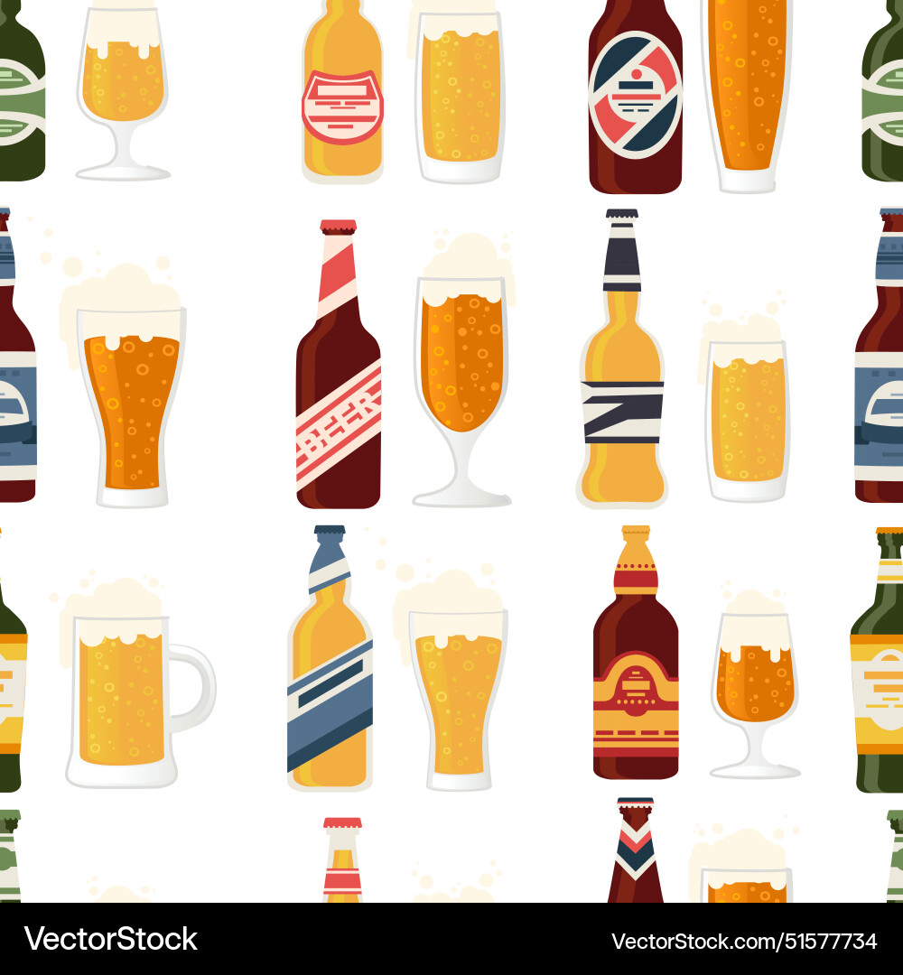 Seamless pattern beer bottles with label vector image