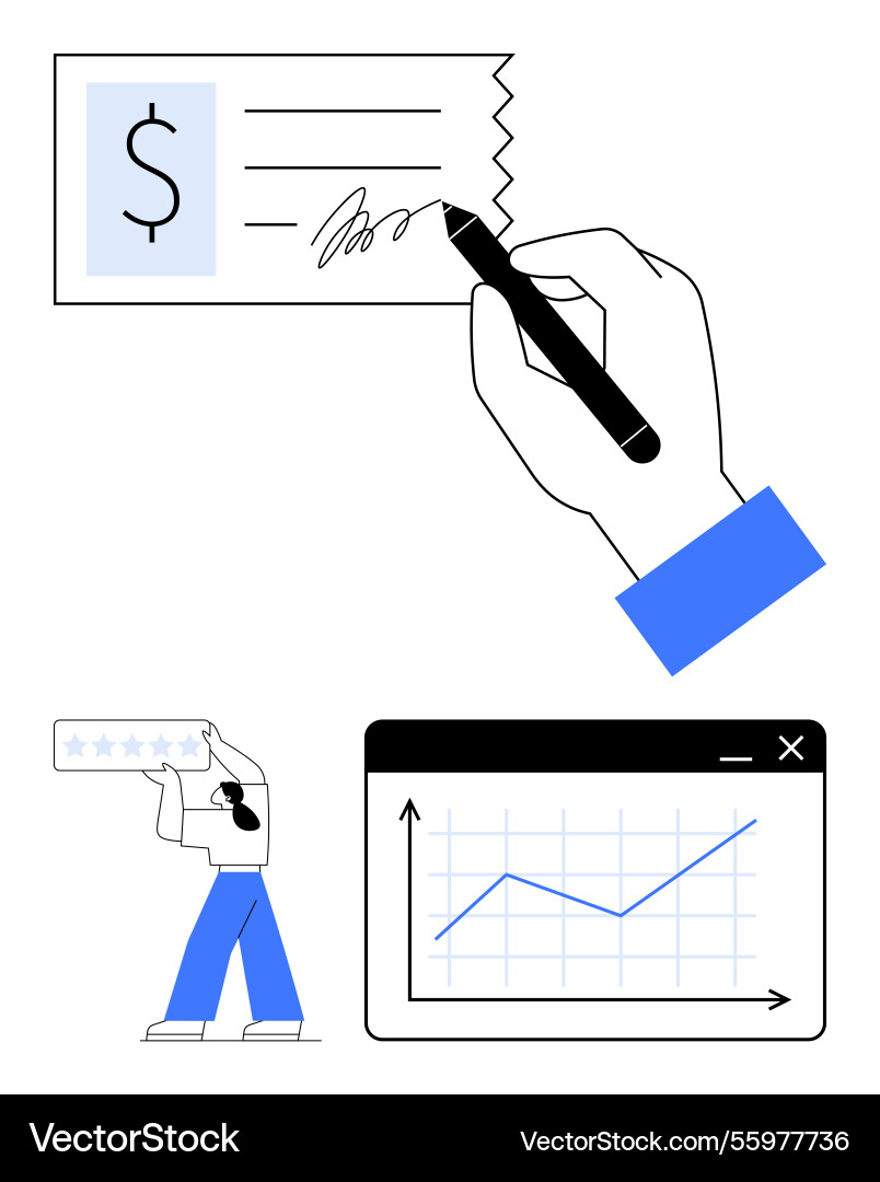 Hand signing check with graph and customer giving Hand signing check with graph and customer giving vector image