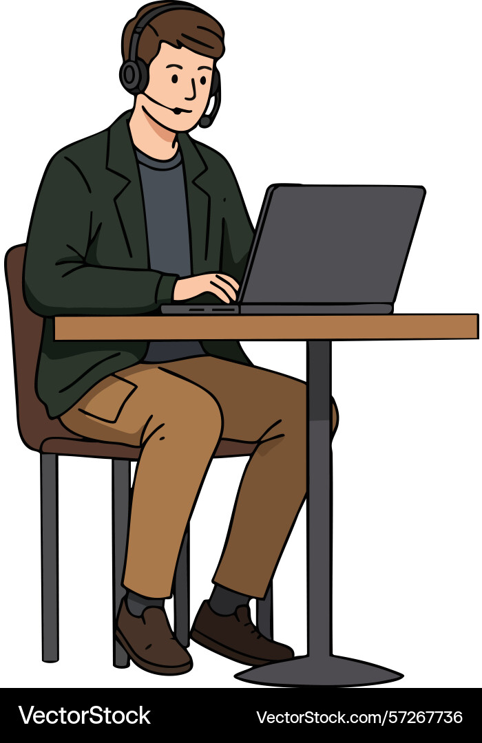 Man working with laptop and headset at table Vector Image