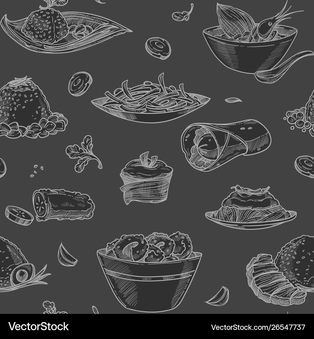 Food meat burrito and seafood salad with shrimps Food meat burrito and seafood salad with shrimps vector image
