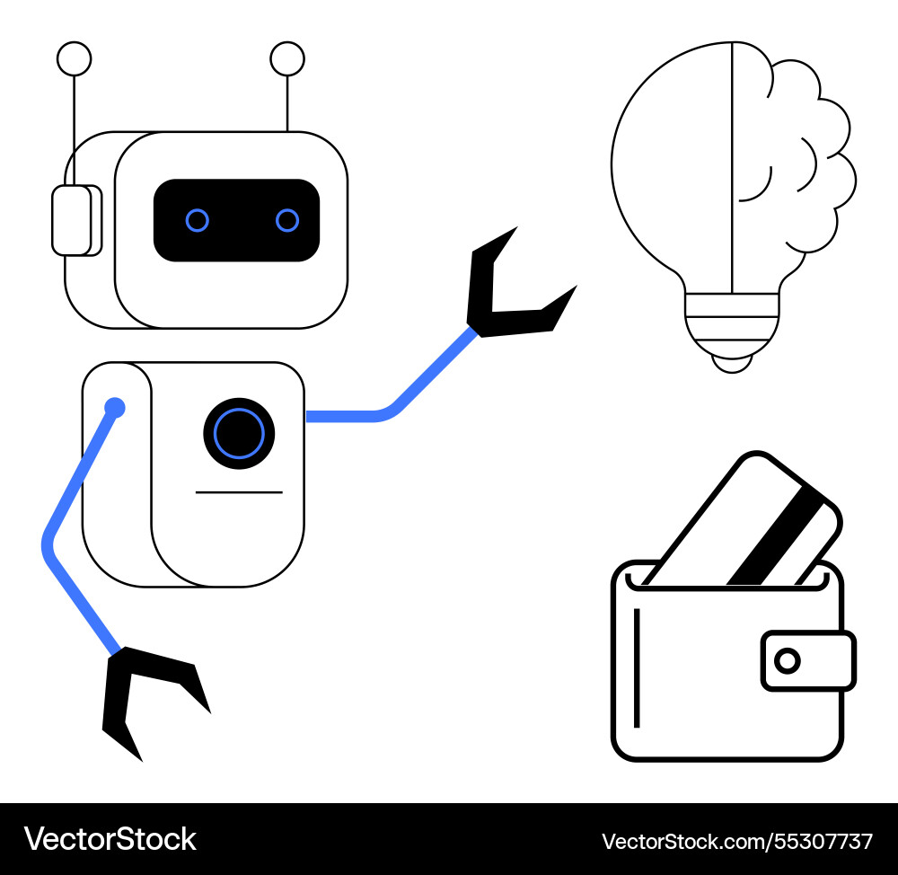Robot interacting with light bulb idea and wallet Robot interacting with light bulb idea and wallet vector image