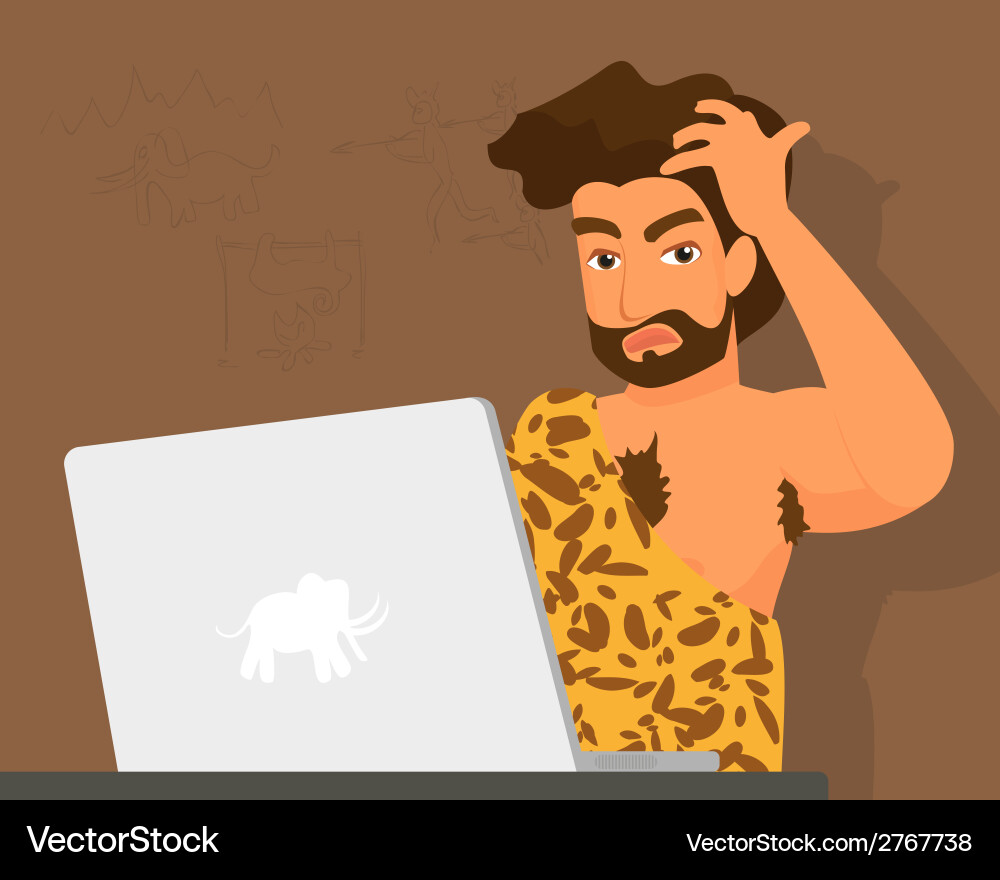 Caveman Using Laptop - Problematic Tech vector image