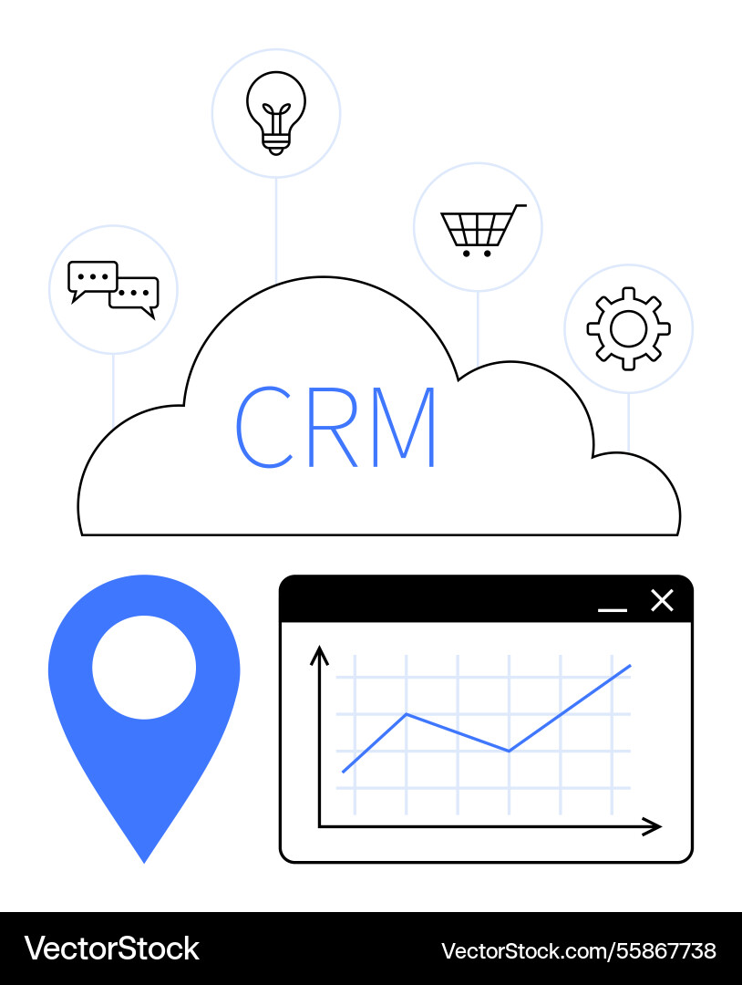 Crm cloud system with data visualization location Crm cloud system with data visualization location vector image