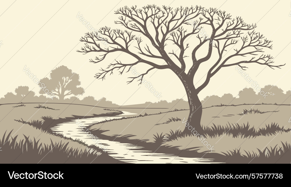 Rustic country path with bare tree rolling hills vector image