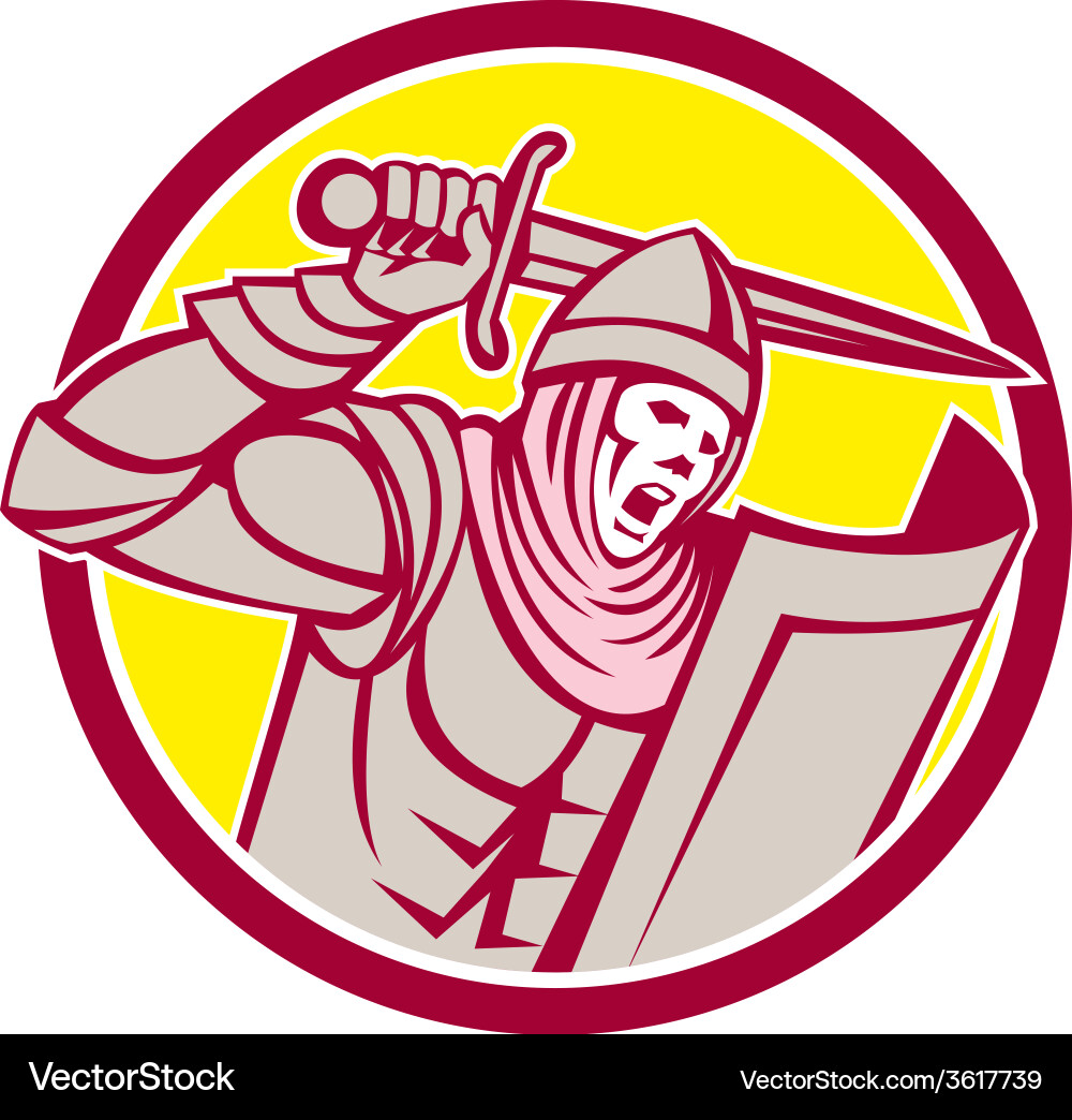 Crusader knight with sword and shield circle retro