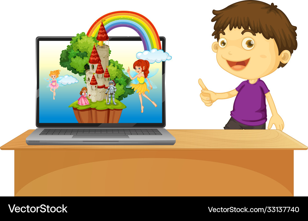 Boy next to computer with castle desktop screen Boy next to computer with castle desktop screen vector image