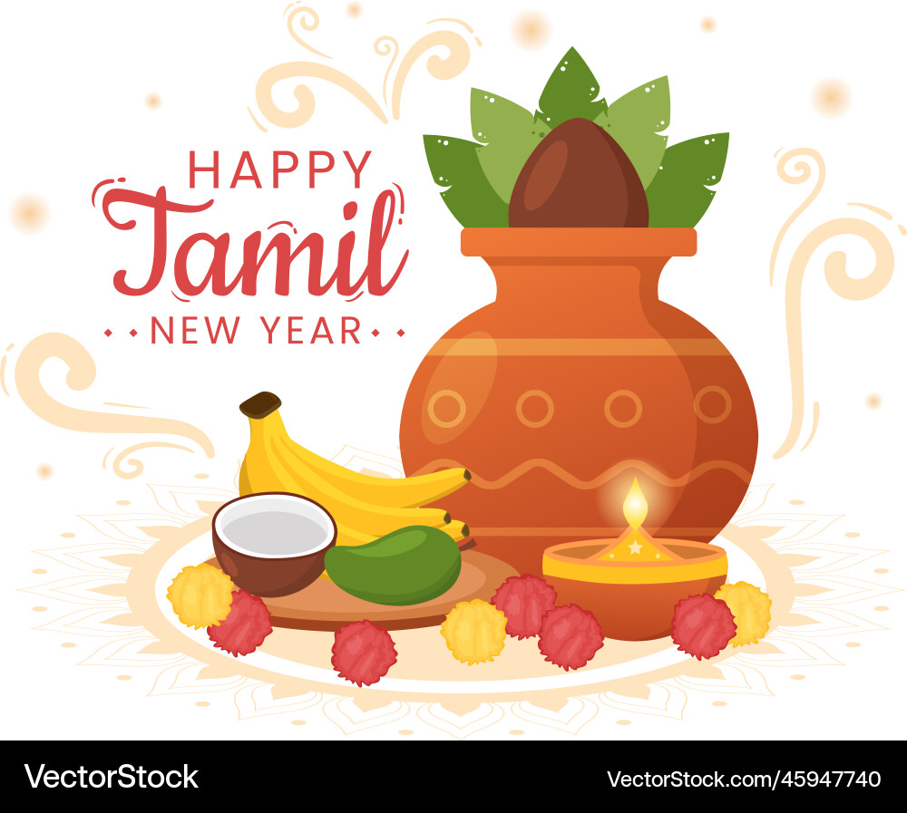 Happy tamil new year with vishu flowers pots Happy tamil new year with vishu flowers pots vector image