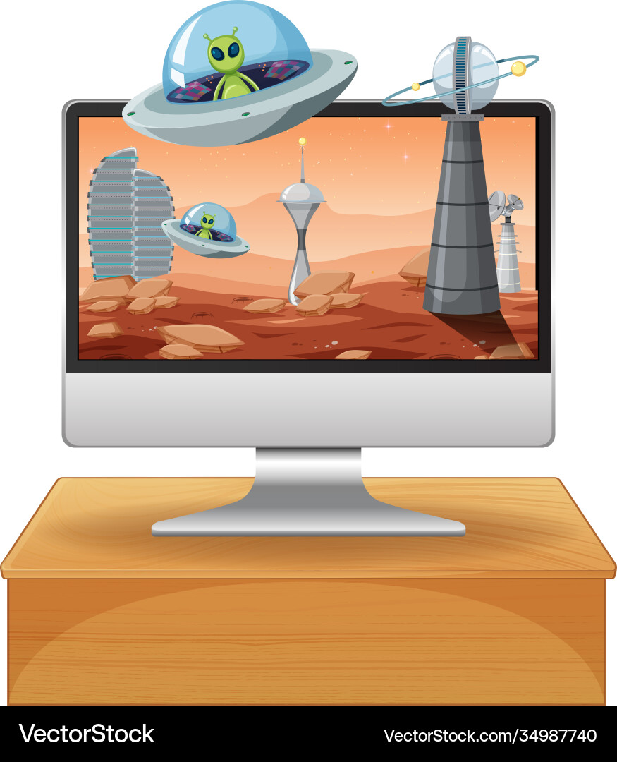 Isolated computer on table with space theme Isolated computer on table with space theme Vector Image