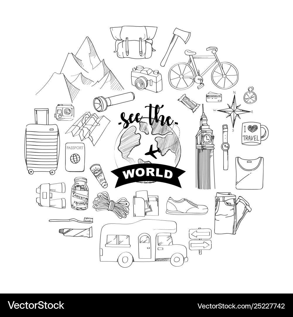 Hand-Drawn Travel Concept Set Vector Image