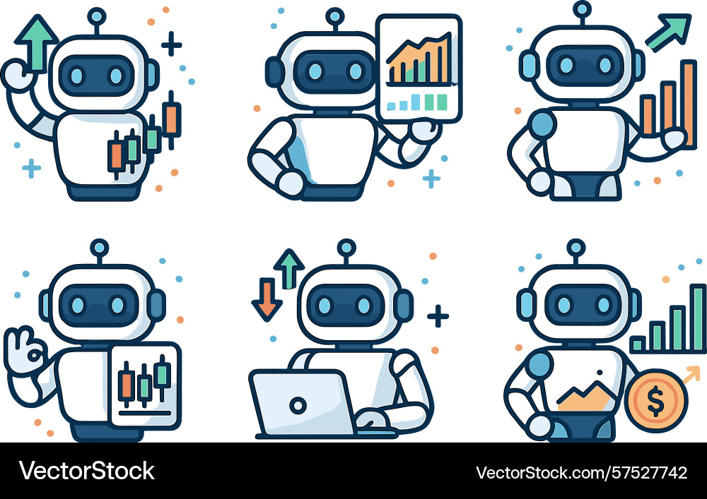 Robots analyzing data and trends in a modern Robots analyzing data and trends in a modern vector image
