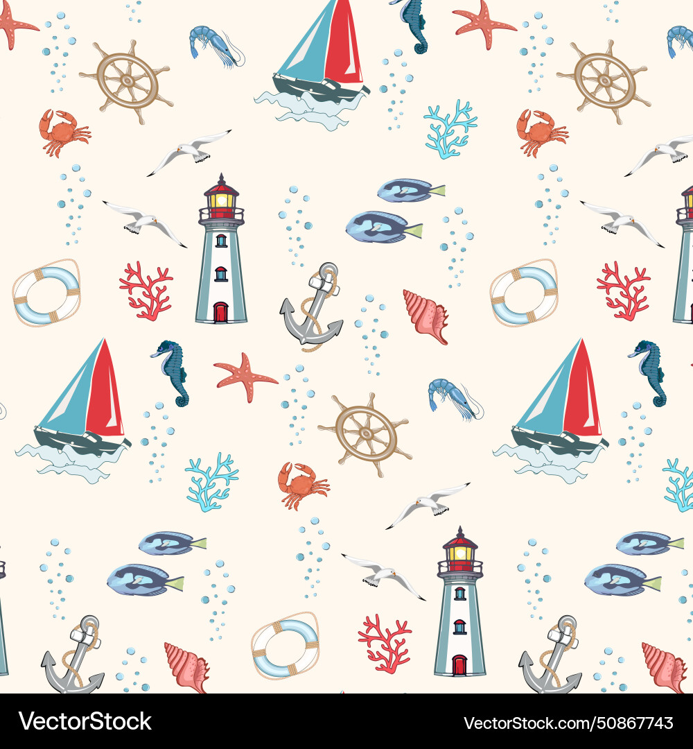 Lighthouse and sailboat in a pattern Lighthouse and sailboat in a pattern Vector Image
